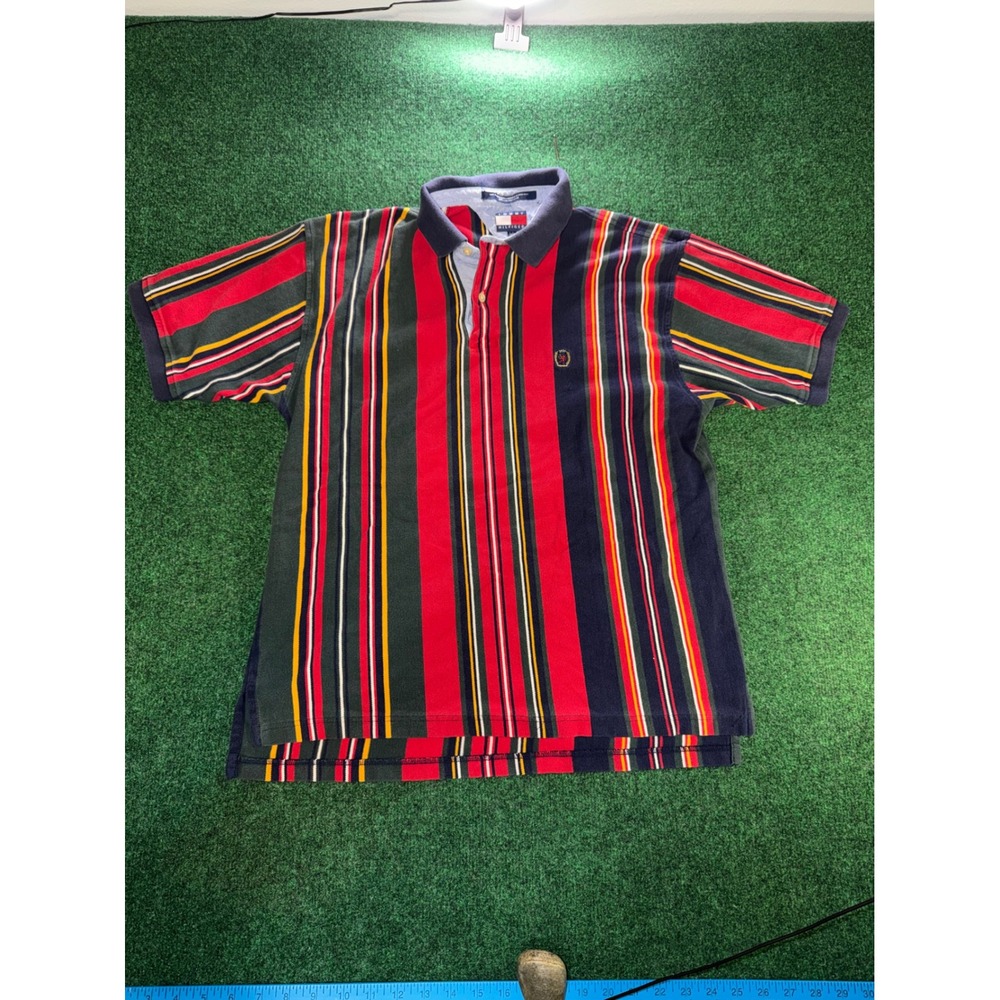 Vintage Tommy Hilfiger Striped Polo Shirt Mens Large Red Navy Green 90s Cotton